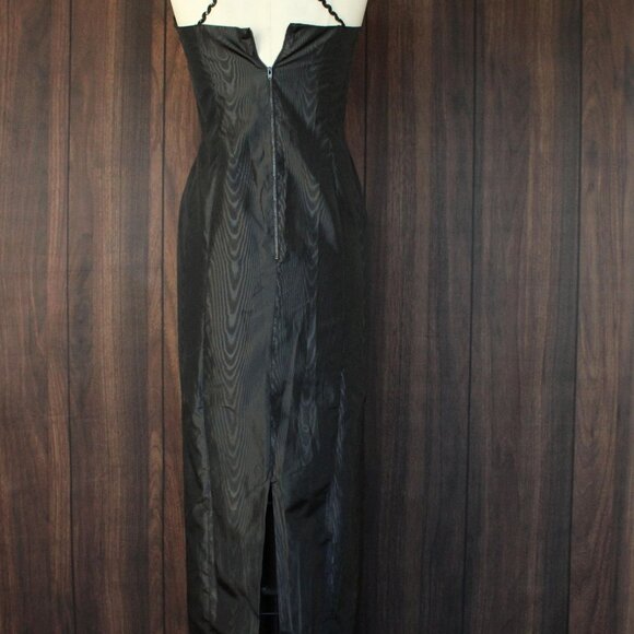 Vintage 1960s Dress, Black Taffeta Maxidress, Long Wiggle Moire, Sequin Trim - Picture 9 of 10